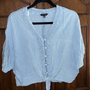 Elegant Light Blue Tie-Front “Cropped” Blouse